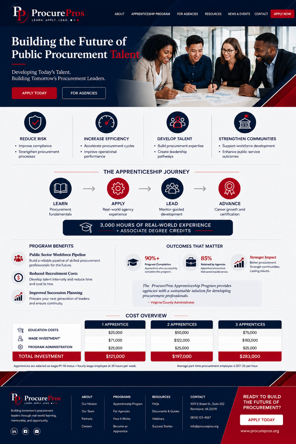 ProcurePros apprenticeship program webpage showing public procurement talent messaging, benefits, journey, outcomes, cost overview, and contact footer.